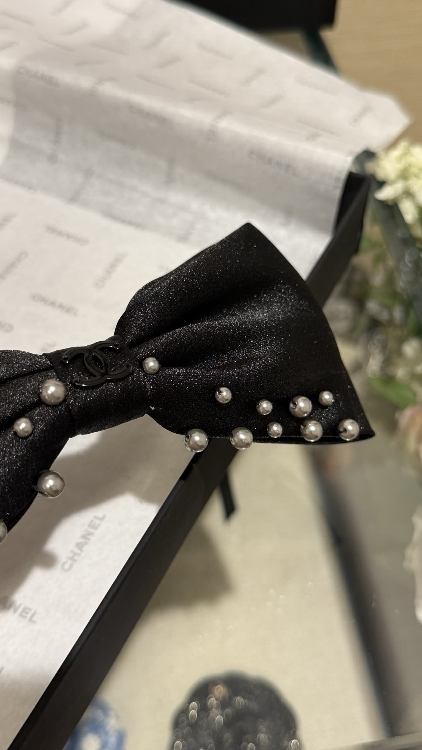 Chanel Black Satin Bow Hair Clip with Pearls